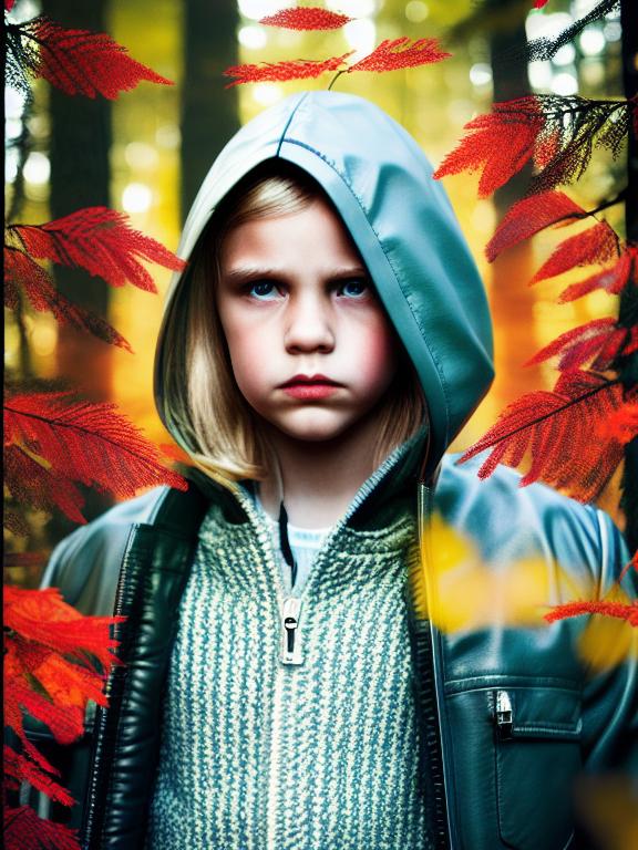 Book cover with a young girl with blond hair wearing a black leather jacket, grey hood, and jeans standing in a foggy forest with a red fox. Looming threateningly over both is a menacing shadow with glowing yellow eyes., Close up, Hyperrealistic, Martin Schoeller, Shutterstock contest winner, National Geographic photo, Behance contest winner