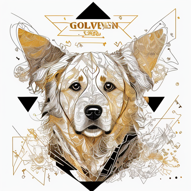 Golden retriver, in Carne Griffiths art style, illustration, ink illustration, white background, Make a logo, on triangle shape, minimal structure, ((white background)), Ultra detailed, look at the camera