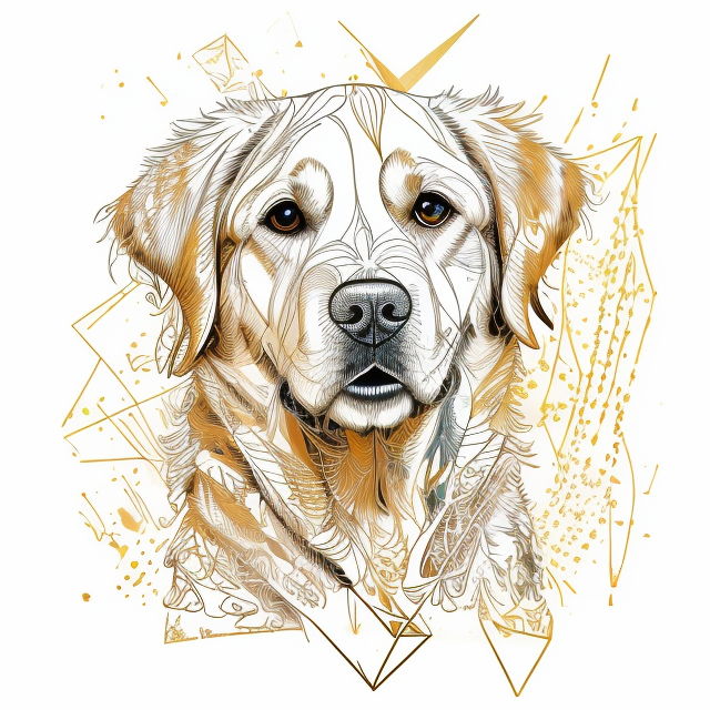 Golden retriever, in Carne Griffiths art style, illustration, ink illustration, white background, Make a logo, on triangle shape, minimal structure, ((white background)), Ultra detailed, look at the camera