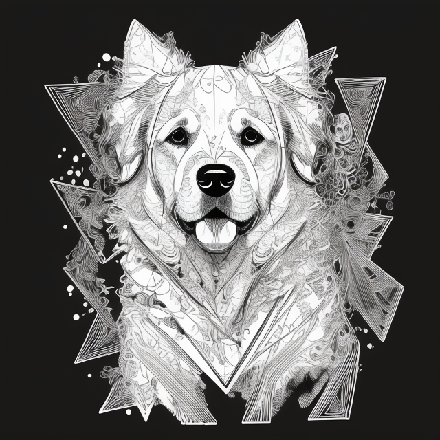Golden retriever Black and white, in Carne Griffiths art style, illustration, ink illustration, white background, Make a logo, on triangle shape, minimal structure, ((white background)), Ultra detailed, look at the camera