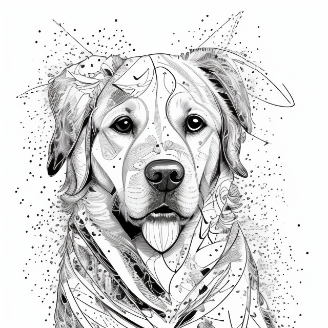 Golden retriever Black and white, in Carne Griffiths art style, illustration, ink illustration, white background, Make a logo, on triangle shape, minimal structure, ((white background)), Ultra detailed, look at the camera