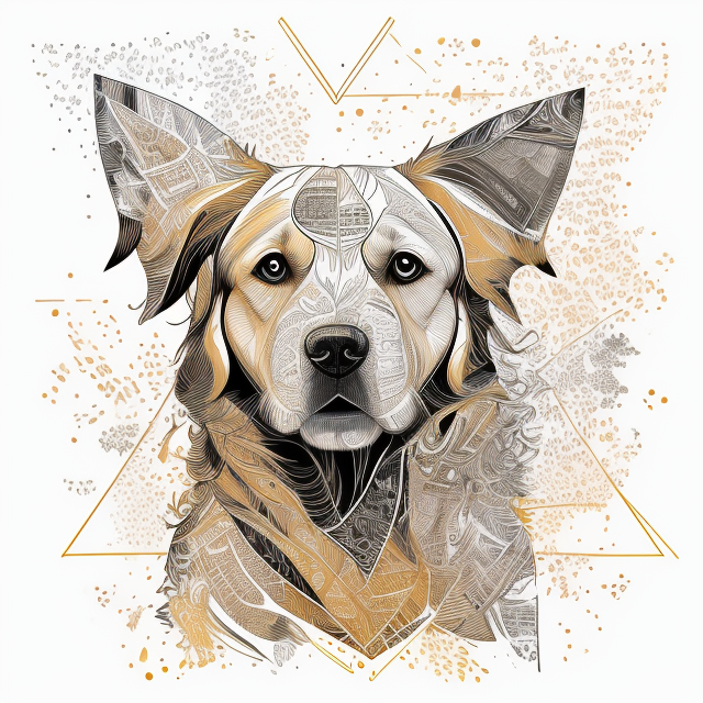 Golden retriever Black, in Carne Griffiths art style, illustration, ink illustration, white background, Make a logo, on triangle shape, minimal structure, ((white background)), Ultra detailed, look at the camera