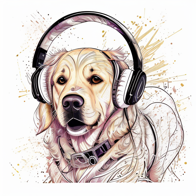 golden retriever with headphones and black background, in Carne Griffiths art style, illustration, ink illustration, white background, Make a logo, on triangle shape, minimal structure, ((white background)), Ultra detailed, look at the camera