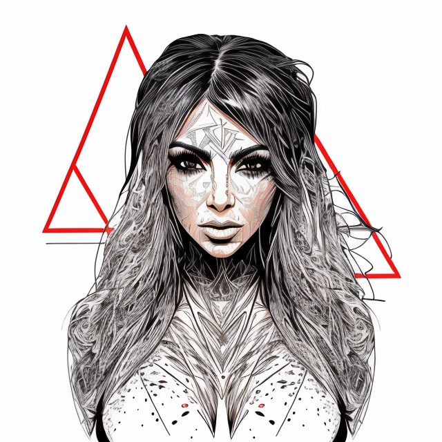 kim kardashian, in Carne Griffiths art style, illustration, ink illustration, white background, Make a logo, on triangle shape, minimal structure, ((white background)), Ultra detailed, look at the camera