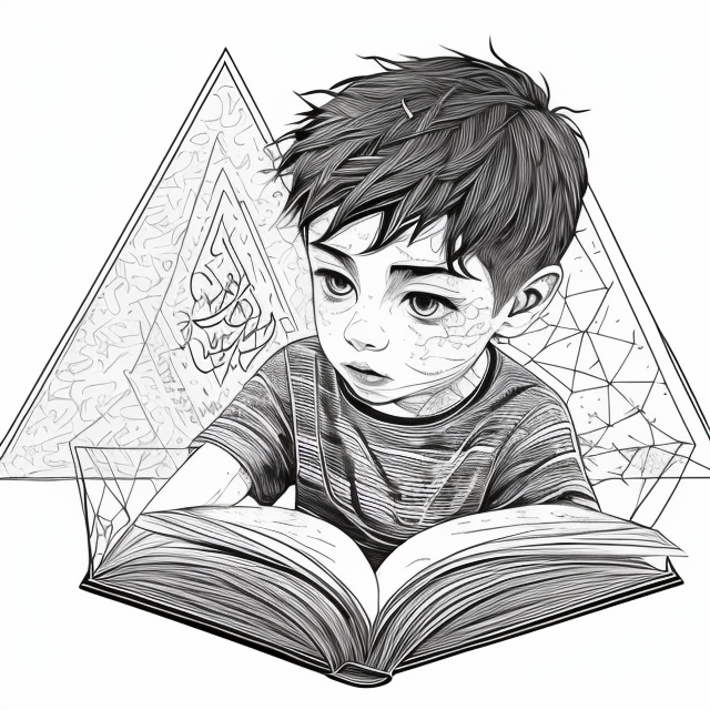 A Muslim little boy reading book, in Carne Griffiths art style, illustration, ink illustration, white background, Make a logo, on triangle shape, minimal structure, ((white background)), Ultra detailed, look at the camera