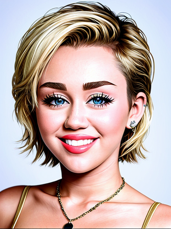 miley cyrus, singer actress, smiling, white background, sharp focus, (caricature:1.4), drawing