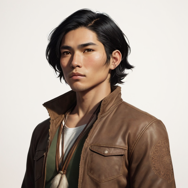 portrait of a native american man, 34 year old, sharp cheeks, defined jawline, adult, realistic, black hair, short hair, short hair, brown jacket, upset, cold, tough, cool, serious, thin, injured, athletic, determined, fit, art by lois van baarle and loish and ross tran and rossdraws and sam yang and samdoesarts and artgerm, middle shot, digital art, highly detailed, intricate, sharp focus, Trending on Artstation HQ, deviantart, unreal engine 5, 4K UHD image, A simple, minimalistic art with mild colors, using Boho style, aesthetic, watercolor, A simple, minimalistic art with mild colors, using Boho style, aesthetic, watercolor