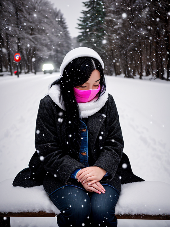 Woman with black hair, long black hair, pink trench coat, white scarf, blue jeans, white snow boots, sitting, no face, no face visible, snow, sitting on a bench next to the road, snowing, snow, winter, only hair, no face, 37 years old, no face visible, back turned, back turned, legs crossed, pink clothes, night