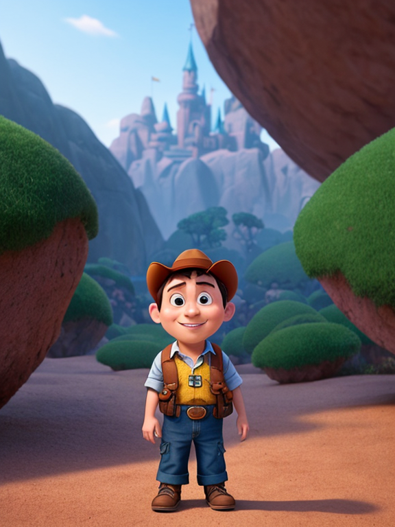 Standing centered, Pixar style, 3d style, Disney style, 8k, Beautiful, Ted is a young adventurer similar to Indiana Jones, creative, and kind-hearted person with big eyes, small nose, and a smiling mouth, standing centered in 3D style rendered in 8k using beautiful Disney like animation., 3D style rendered in 8k using