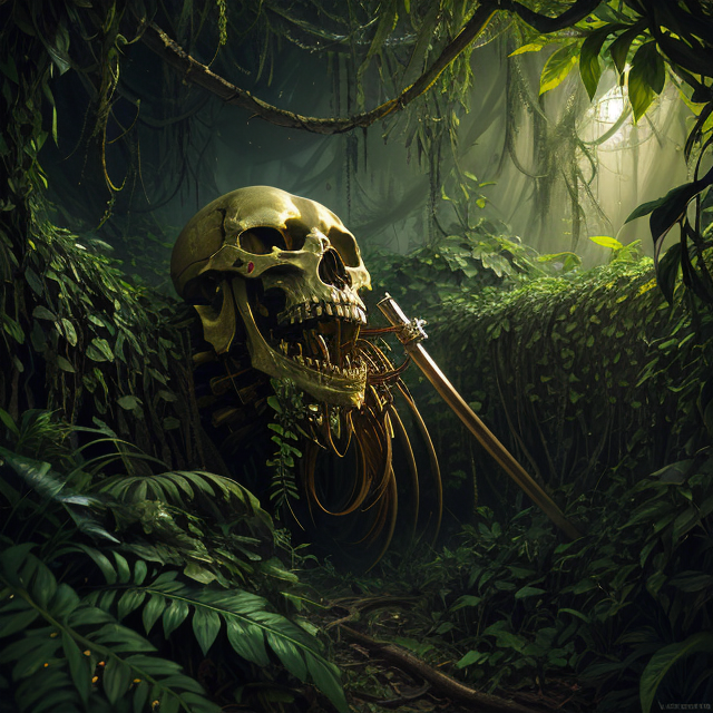 ultra-detailed artistic photography, steaming thick jungle, partially hidden bones of a human skeleton trapped in vines, highly detailed, shadows, oil on canvas, brush strokes, smooth, ultra high definition, 8k, unreal engine 5, ultra sharp focus, intricate artwork masterpiece, ominous, matte painting movie poster, golden ratio, intricate, epic, h. r. Giger, highly detailed, vibrant, production cinematic ultra high quality model24mm, 4k textures, soft cinematic light, adobe lightroom, photolab, hdr, intricate, elegant, highly detailed, sharp focus, ((((cinematic look)))), soothing tones, insane details, intricate details, hyperdetailed, low contrast, soft cinematic light, exposure blend, hdr, faded, sunset, <lora:more_details:1.5>, <lora:wowifierV3:.6>