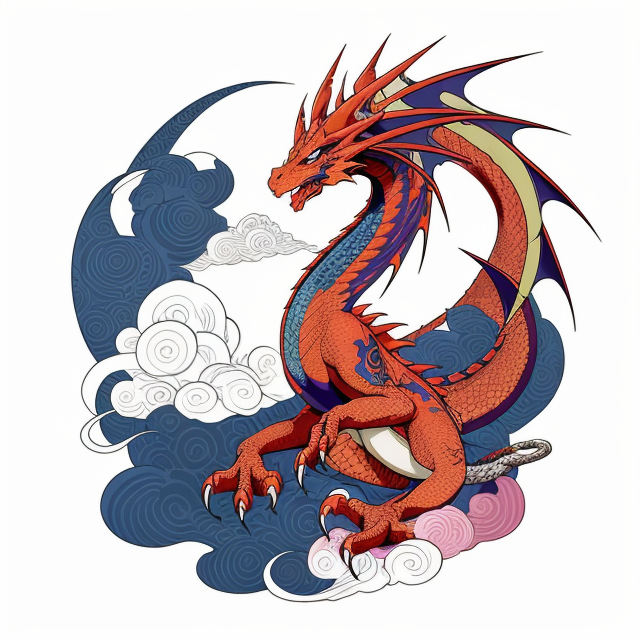 Colorful, Powerful Dragon and cloud, color Harmony, Centered Composition, Traditional Japanese Irezumi tattoo design full length, vector t-shirt design, sharp lines, high contrast, eight colors, white background, 8k, skin background, mockup, text, numbers, marks, deformation, manga style, 