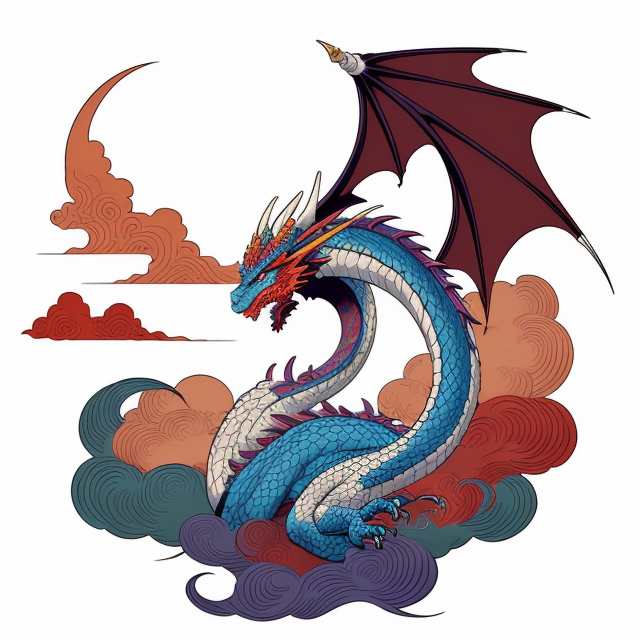 Colorful, Powerful Dragon and cloud, color Harmony, Centered Composition, Traditional Japanese Irezumi tattoo design full length, vector t-shirt design, sharp lines, high contrast, eight colors, white background, 8k, skin background, mockup, text, numbers, marks, deformation, manga style, 