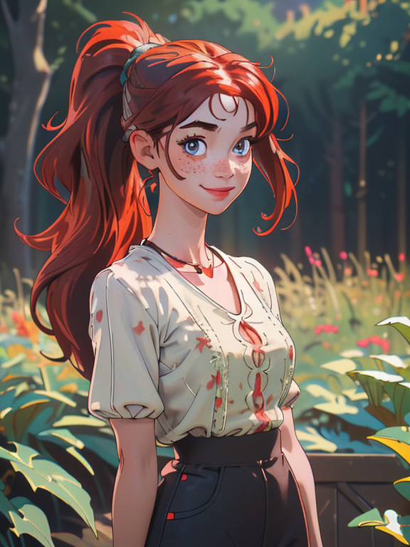 (masterpiece, best quality), 1girl, collarbone, wavy hair, looking at viewer, blurry foreground, upper body, necklace, contemporary, plain pants, ((intricate, print, pattern)), ponytail, freckles, red hair, dappled sunlight, smile, happy, 