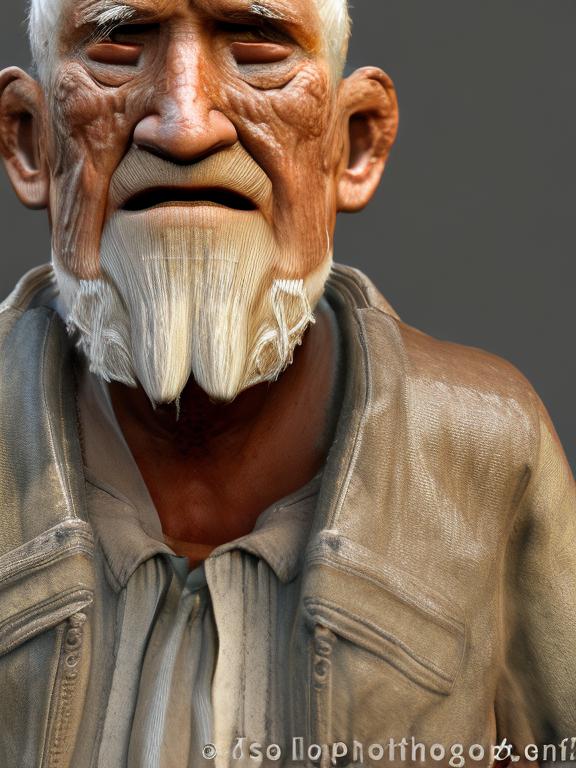 A photorealistic image of an old man, with a focus on the intricate details of its faded face, the wear and tear on the eyes, and the aged textures of the body. Use the multi-prompt 