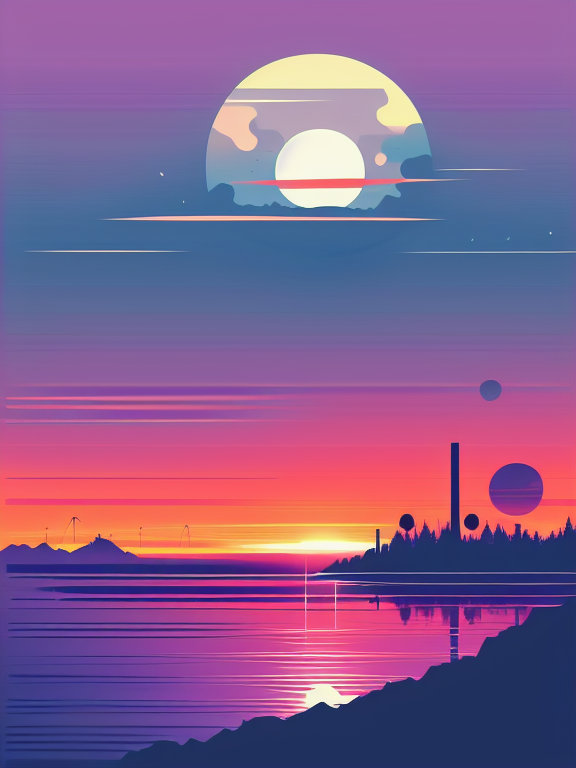 Image of Environment being destroyed and then repaired after , with silhouette of full moon, sharp edges, at sunset, with heavy fog in air, vector style, horizon silhouette Landscape wallpaper by Alena Aenami, firewatch game style, vector style background