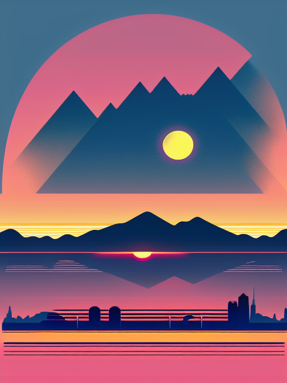 retro cafe-bar in space, with silhouette of full moon, sharp edges, at sunset, with heavy fog in air, vector style, horizon silhouette Landscape wallpaper by Alena Aenami, firewatch game style, vector style background