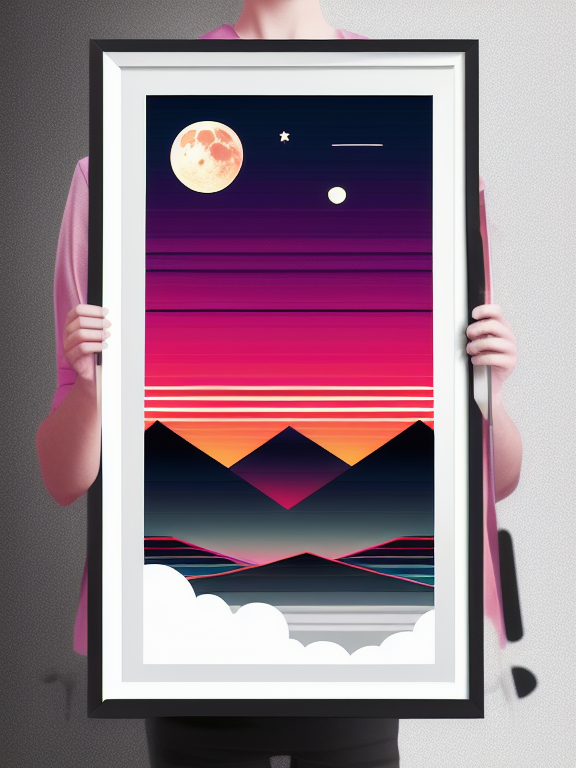 poster retro cafe-bar in space, with silhouette of full moon, sharp edges, at sunset, with heavy fog in air, vector style, horizon silhouette Landscape wallpaper by Alena Aenami, firewatch game style, vector style background