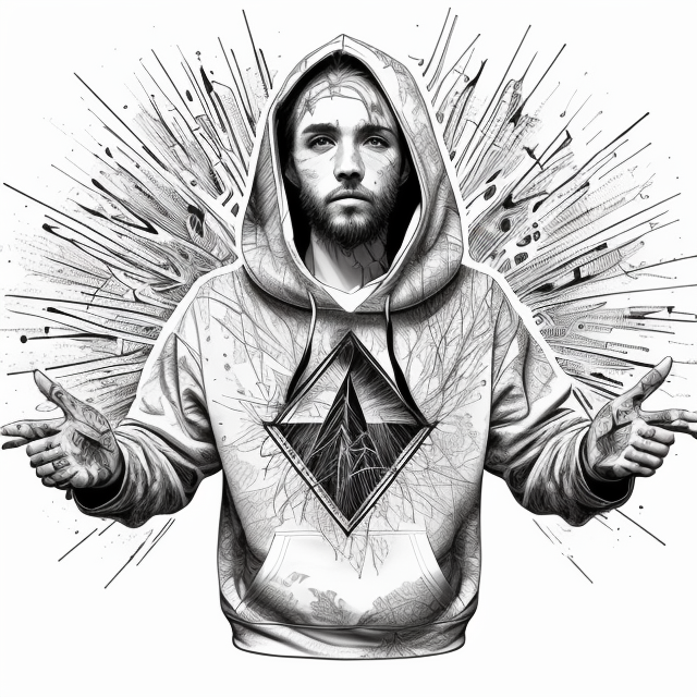 CREATE A CHRISTIAN HOODIE BRAND NAME GOSPEL HEARING GOD, in Carne Griffiths art style, illustration, ink illustration, white background, Make a logo, on triangle shape, minimal structure, ((white background)), Ultra detailed, look at the camera