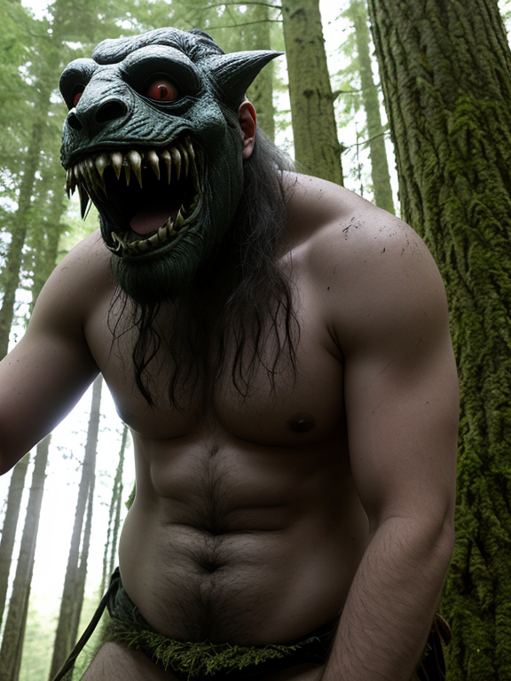 make a creepy disfigured monster in a forest eating a human