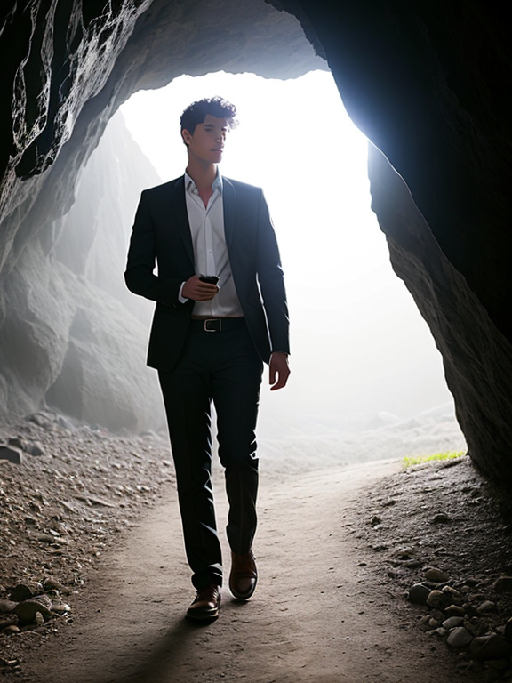 Handsome young guy walking in dark cave with a magic ball of light in his hand