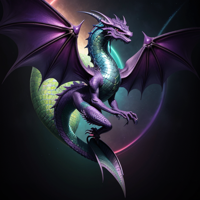  by Anton Semenov, full body image of a kind dragon, the iridescent and metallic colors of rainbow stainless steel - purple, pink, blue, and green most prominent, flying in the sky , abstract dream, intricate details <lora:Add More Details:0.7>