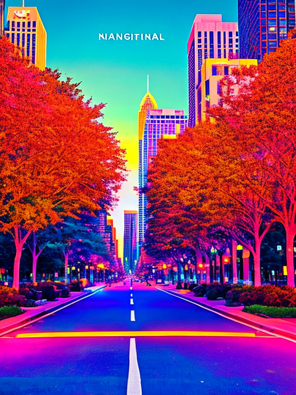  nightlife Colony Square in Midtown Atlanta, Georgia combined with Lonerism Tame Impala cover art surrealism hazy trippy psychedelic 