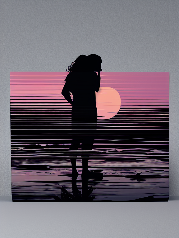 Surfer with long hair , with silhouette of full moon, sharp edges, at sunset, with heavy fog in air, vector style, horizon silhouette Landscape wallpaper by Alena Aenami, firewatch game style, vector style background