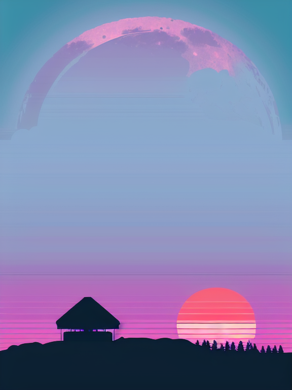 music cover with eerie calm vibe, with silhouette of full moon, sharp edges, at sunset, with heavy fog in air, vector style, horizon silhouette Landscape wallpaper by Alena Aenami, firewatch game style, vector style background