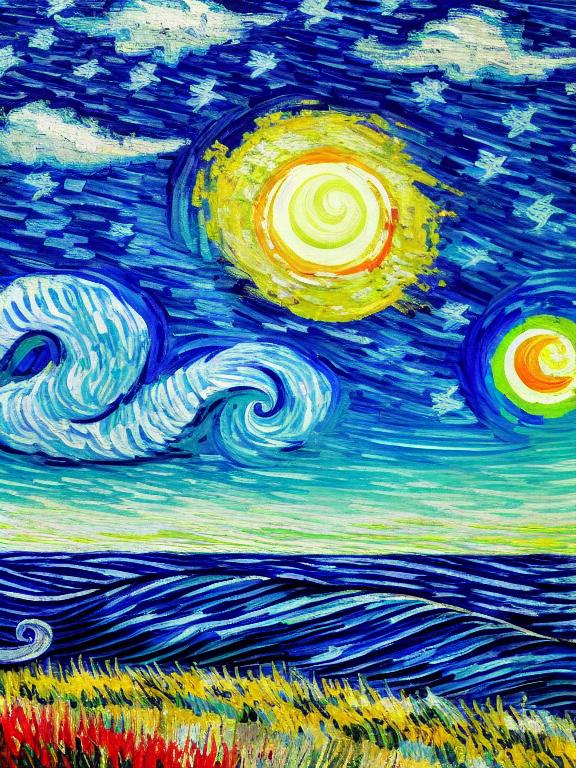 vincent van gogh styled, summer beach vacation , ((one thin crescent moon)), by vincent van gogh, dreamy waves, colorful clouds, flower field, comet, vibrent skylight, intricate detail, splash screen, 8k resolution, masterpiece, artstation digital painting smooth, 8k resolution intricately detailed fluid gouache painting: by Jean Baptiste Mongue: calligraphy: acrylic: watercolor art, professional photography, natural lighting, volumetric lighting, by marton bobzert:, complex, elegant, expansive, fantastical, hyper-realistic, unreal engine, 3d render, octane render, intricately detailed, titanium decorative headdress, cinematic, Isometric, awesome full color, hand drawn, dark, gritty, realistic, 12k, intricate, hit definition, cinematic, (only one moon), abstract art, painting, vaporwave, koi fishes