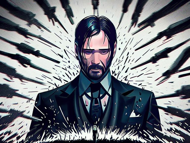 Generate a captivating image inspired by John Wick. The image will depict John Wick in the midst of a fierce battle, surrounded by adversaries dressed in similar formal attire. He walks with purpose, his every movement fluid and calculated, while his enemies close in from all sides.

Dressed in a impeccably tailored black suit, John Wick stands out amidst the chaos. His attire consists of a black jacket, matching trousers, and a crisp white shirt. The black tie and polished black shoes complete the formal ensemble, lending an air of sophistication to the relentless combat.

John Wick's hair, jet-black and straight, brushes against his cheeks as he engages in the fight. Beads of sweat glisten on his forehead, evidence of the intensity of the battle. In his piercing gaze, a fire burns with unyielding determination and fury, reflecting the depth of his skill and the unwavering resolve to overcome any obstacle.

In his right hand, he wields a formidable weapon, a symbol of his proficiency and deadly precision. The weapon, sleek and menacing, delivers lethal force with each well-aimed shot. Muzzle flashes illuminate the scene, casting dynamic shadows that accentuate the ferocity of the encounter.

The adversaries, also dressed in formal attire, engage John Wick with equal determination. Their movements are fluid, trained, and precise, posing a formidable challenge to the legendary assassin. The clash of fists and the discharge of firearms echo through the environment, heightening the tension and adding to the visual spectacle.

The setting can be an opulent ballroom, a dimly lit underground club, or any location that enhances the contrast between elegance and violence. Shattered glass, flying debris, and the remnants of shattered objects can serve as additional visual elements, further accentuating the intensity of the fight.

Overall, the image should convey the visceral energy of the battle, highlighting John Wick's exceptional skills as he engages in combat against a group of formidable adversaries. Let the image be visually captivating, drawing the viewer into a world where danger lurks behind every elegant façade, and where one man's relentless determination turns the tide of the fight.