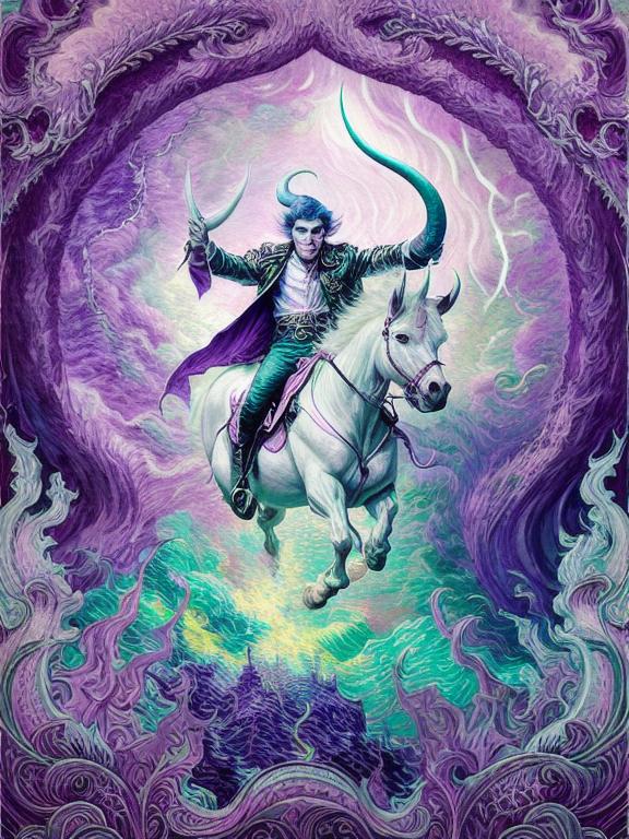 Young Male White devil with horns in purple and pink paradise, time lapse, swirling night sky by Van Gogh, fantasy, dreamlike, 4k, symmetrical, intricate details, highly detailed, by ross tran, wlop, artgerm and james jean, Brian Froud, art illustration by Miho Hirano, Neimy Kanani, highly detailed, vibrant, TanvirTamim, rendered in unreal engine, photorealistic, trending on artstation, sharp focus, studio photo, Atey Ghailan and Beatrix Potter