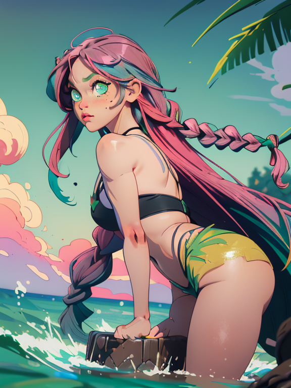 Fat ass Bikini Latina Girl Sexy, (Best Quality, Masterpiece:1.4), (Realism:1.2), (Realisitc:1.2), (Absurdres:1.2), (photorealistic:1.3), 1 girl 7 years old, children, (big eyes), kawaii, cute poses, (dynamic angle:1.3), coffe, pink hair, , MITSURI KANROJI, BRAID, GRADIENT HAIR, (GREEN EYES:1.5), GREEN HAIR, PINK HAIR, LONG HAIR, MOLE UNDER EYE, MULTICOLORED HAIR, TWIN BRAIDS, TWO-TONE HAIR