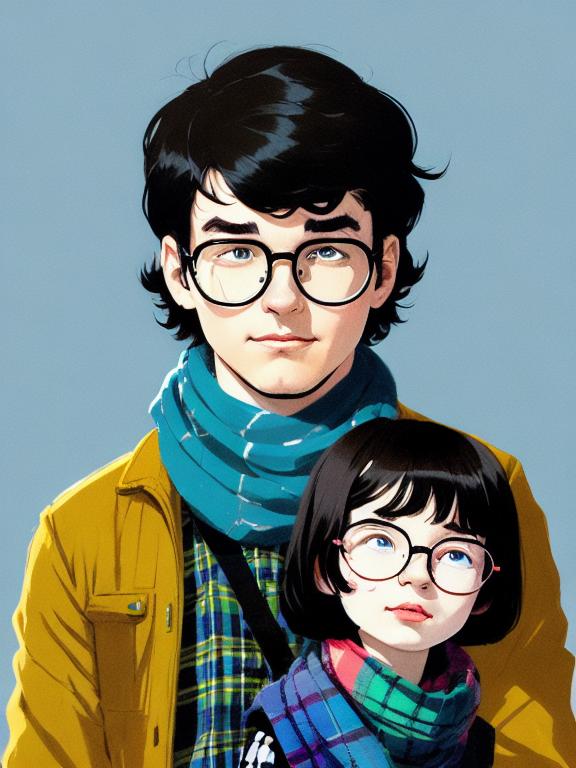 Make a drawing of a 1,80m guy with dark hair and glasses holding the and a 1,63m girl from with hazel eyes and wearing hijab, blue eyes, tartan scarf, white hair by atey ghailan, by greg rutkowski, by greg tocchini, by james gilleard, by joe fenton, by kaethe butcher, gradient yellow, black, brown and magenta color scheme, grunge aesthetic!!! graffiti tag wall background, highly detailed portrait