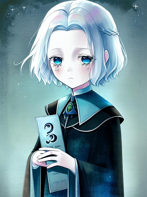A 11 years old girl with white hair, light blue eyes and very pale skin. She's from Harry Potter's world and also Voldemort and Bellatrix's daughter but she is naive and very innocent. She must wear ravenclaw stuffs. She must be crying because of bullying. She never met her parents. She is in the heroes side., dark night, Bedtime story, starry night with big moon, dreamy fantasy, matte palette, delicate details, by Tracie Grimwood, children book artistic illustration, 8K UHD --v 4, Pixar style, disney style