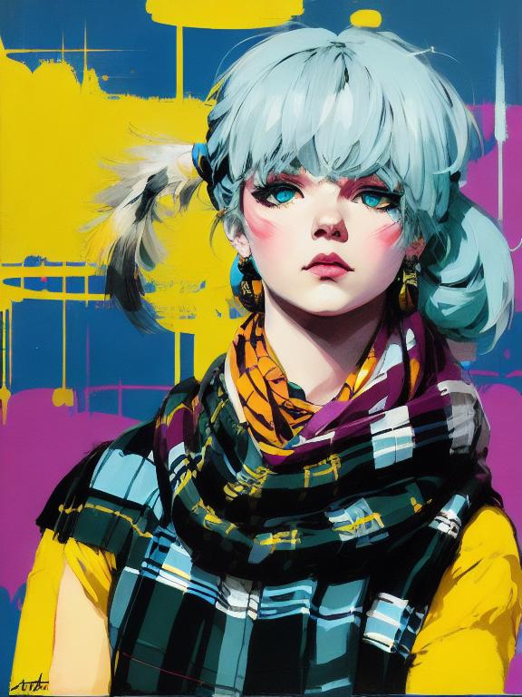tiger on the theatre stage, blue eyes, tartan scarf, white hair by atey ghailan, by greg rutkowski, by greg tocchini, by james gilleard, by joe fenton, by kaethe butcher, gradient yellow, black, brown and magenta color scheme, grunge aesthetic!!! graffiti tag wall background, highly detailed portrait