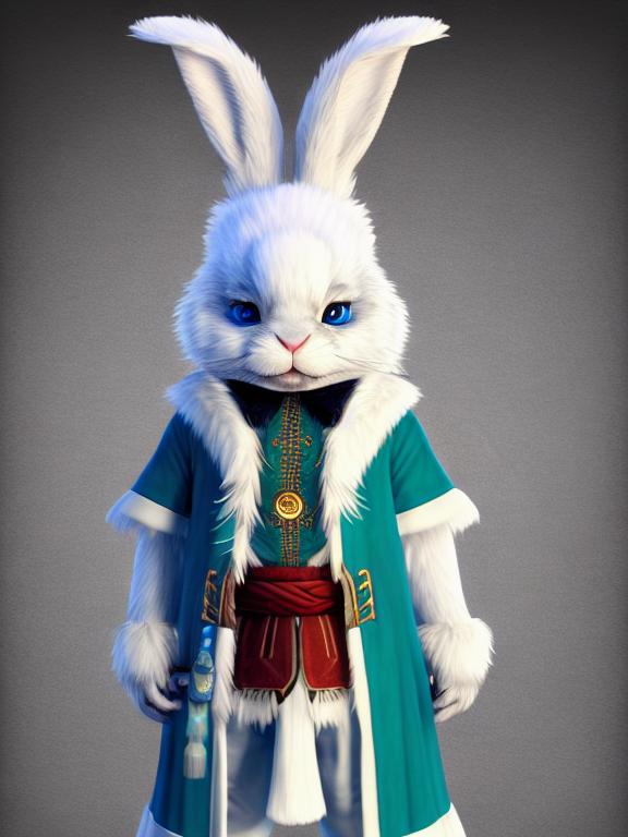 Generate a realistic humanoid rabbit character with white fur resembling a wise old sorcerer, Ensure that the rabbit character is dressed in the attire of an old and wise wizard, including robes, a pointy hat, and possibly a staff or other magical accessories, Position the avatar to face the camera directly, creating the impression that it is speaking or addressing the viewer, Pay attention to the character's facial expression, conveying a sense of wisdom and confidence, while also appearing friendly and approachable, Surround the character with a luminous and magical environment, The lighting should be soft and warm, with subtle glows and sparkles to enhance the magical ambiance, Incorporate mystical elements into the scene, such as floating orbs, arcane symbols, or ethereal mist, to further enhance the magical atmosphere, The background should be complementary to the character and environment, possibly depicting a mystical forest, an ancient library, or a celestial backdrop, Ensure that the image has a high level of detail, capturing the texture of the character's fur, the intricate design of the wizard's clothing, and the enchanting elements in the environment, Finally, create a balanced composition, placing the character slightly off-center to allow room for the magical elements in the background, while still keeping the avatar the focal point of the image, 